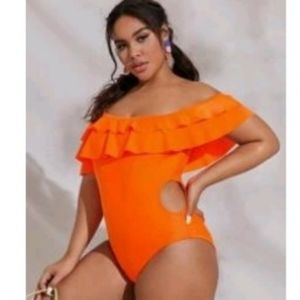 NWOT Plus Neon Orange Ruffle One Shoulder One Piece Swimsuit Size 3X